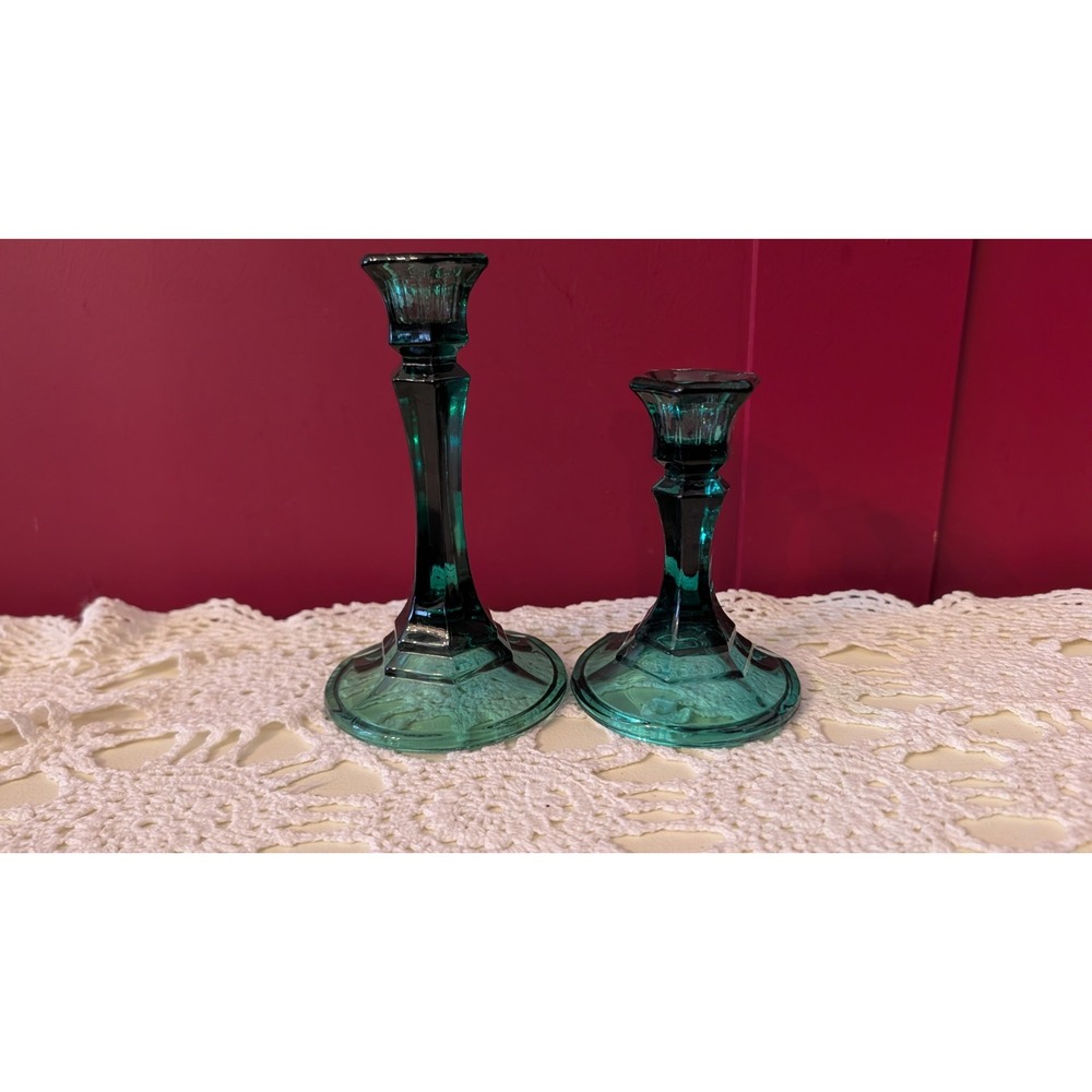 Vintage Teal Green Indiana Glass 4", 6"  Paneled Tapered Candlesticks Set Of 2